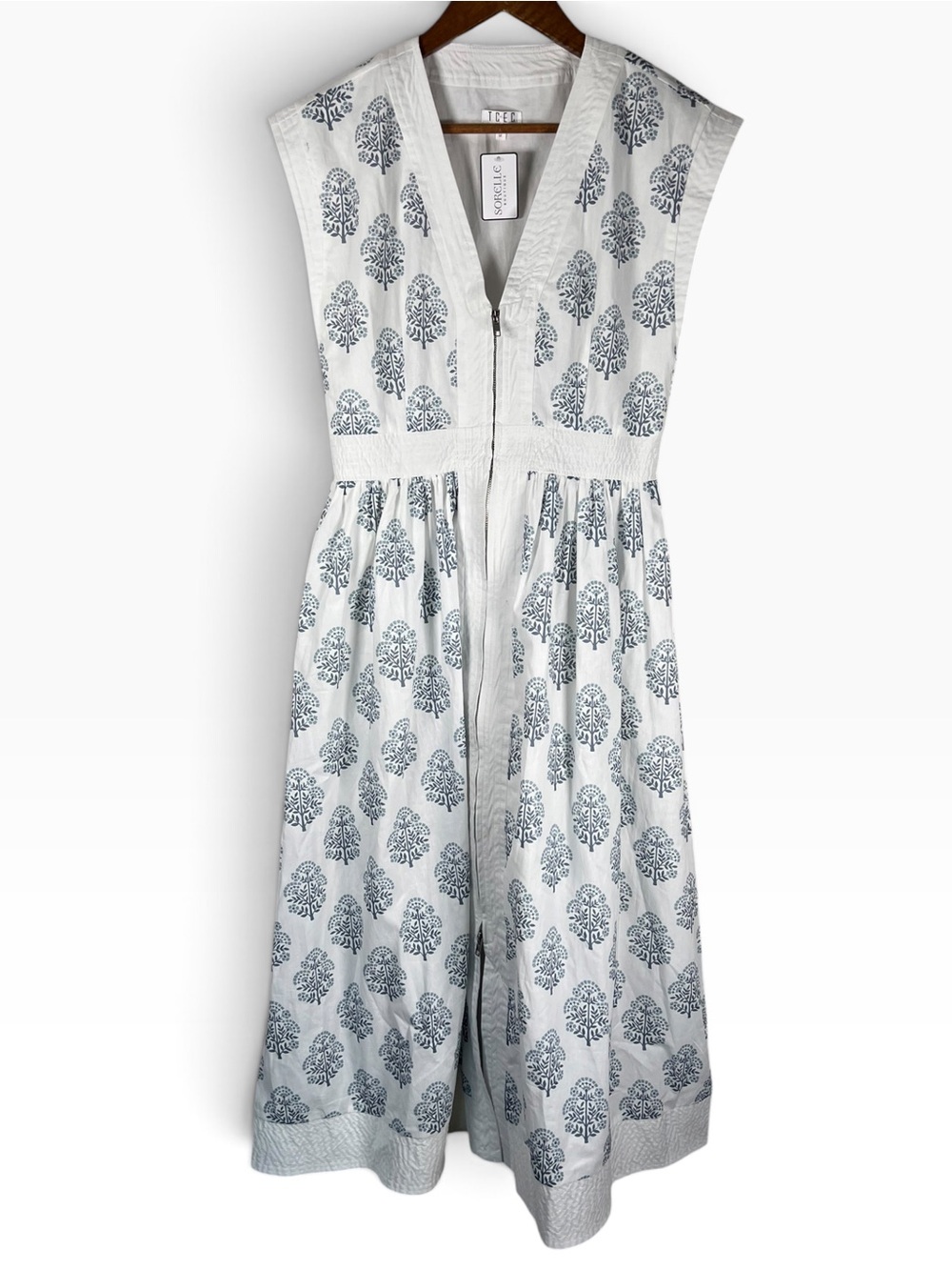 TCEC Floral Zip-Up Midi Dress Blue White Block Print Medium NWT Boho Coastal